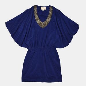 Nicole Miller Artelier Cold Shoulder Beaded V-Neck Blue Silk Blouson Dress Sz S